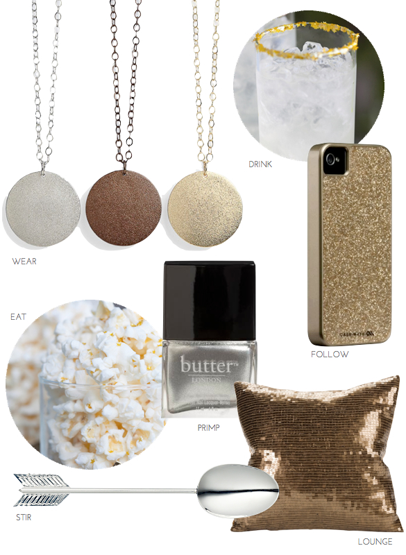 nordstrom gold pendants, gold glitter iPhone case, edible gold cocktail, edible gold popcorn, silver nail polish butter, arrow spoon