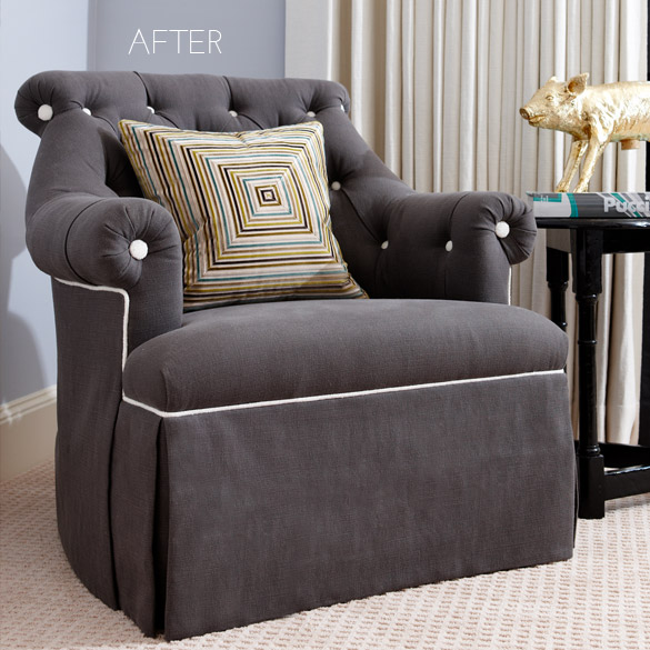armchair makeover, mitered corner pillow, grey tufted chair, pulp design studios