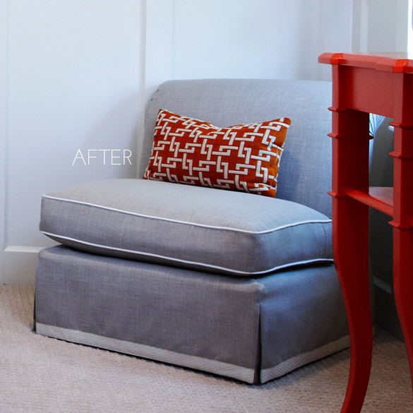 slipper chair before and after, grey upholstered chair, chair makeover