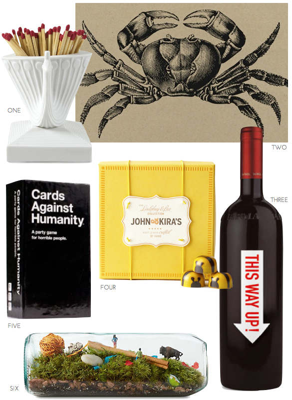 hostess gifts, gifts for a bbq, bar-b-q hostess gifts, modern matches, jonathan adler, chocolate gifts, this way up wine, cards against humanity, modern terrarium