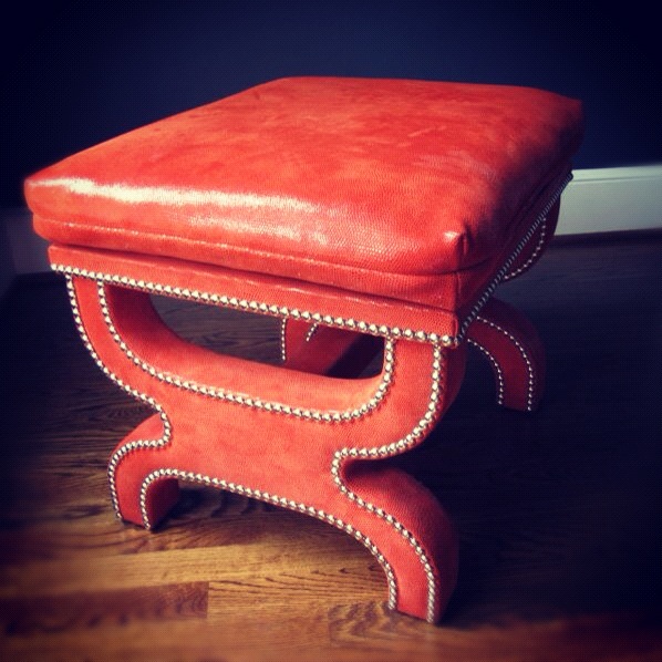 orange ottoman, red ottoman, ottoman with nailheads, 